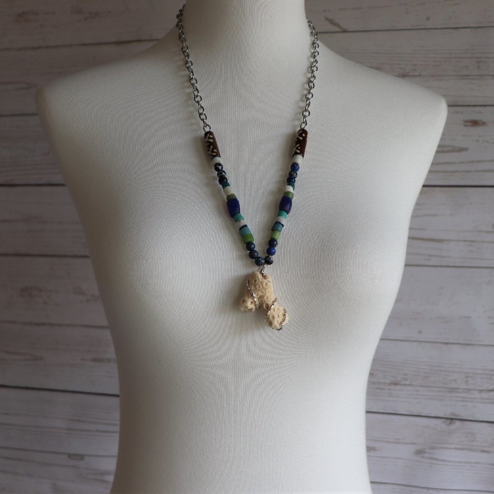 Unique Handmade Wire Wrapped Coral Beach Glass Long Beaded Necklace OOAK